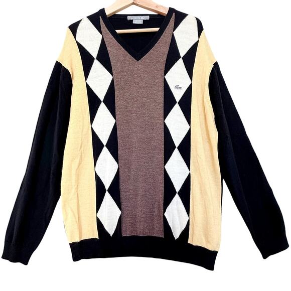 VTG Lacoste Argyle Sweater Mens sz 7 2XL Yellow Black Fine Merino Wool Preppy - Picture 1 of 8